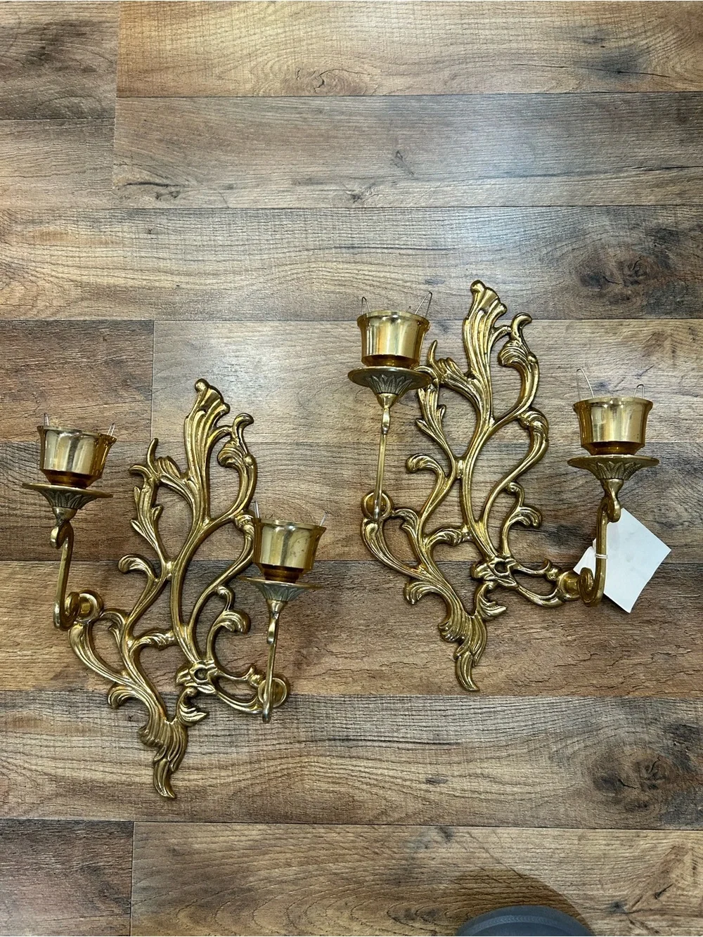 Ornate Brass Tone Double Arm Wall Candle Sconces Pair